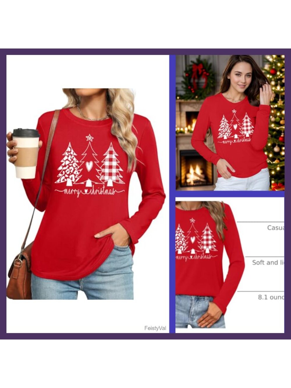 Women's Christmas Plaid Xmas Tree Graphic Long Sleeve T-Shirt Top